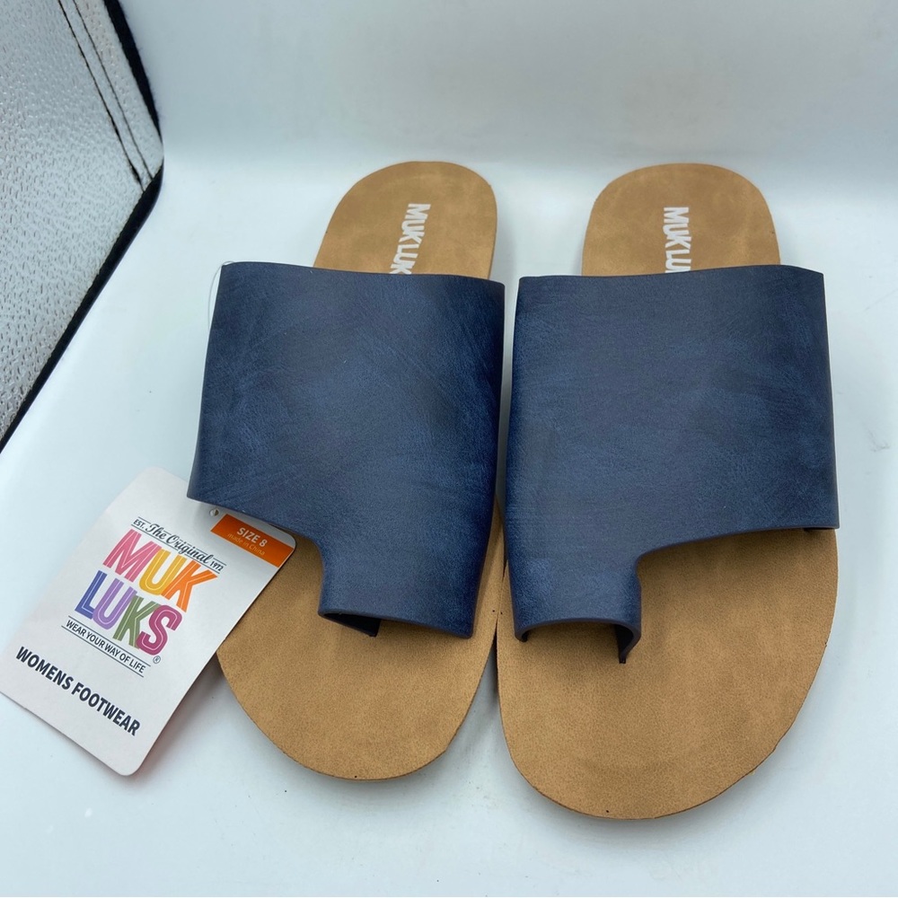Muk Luks Womens About Face Slide Sandals Toe Loop Faux Leather Navy Size 8